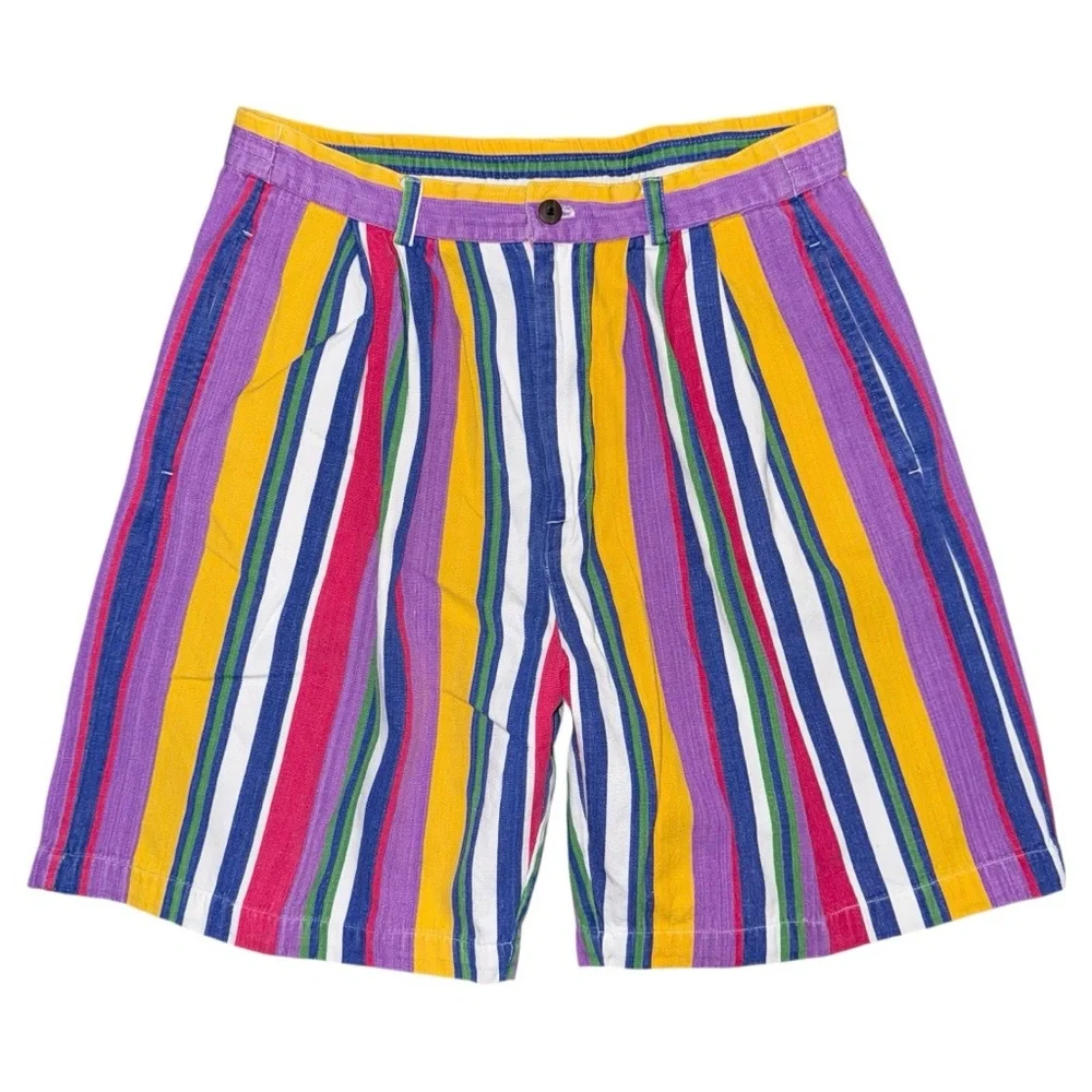 Vintage 80s Ruff Hewn High Rise Bold Rainbow Stripe Pleated Shorts Sz 6 Cotton